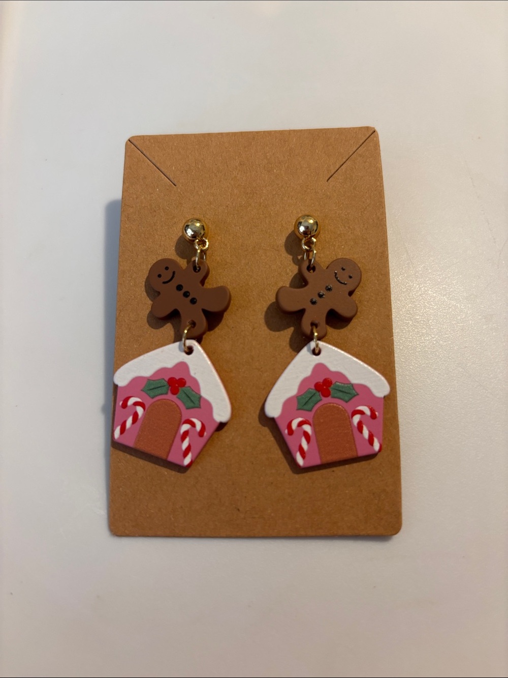 Fashion Jewelry Pink Gingerbread House & Brown Gingerbread Man Dangle Earrings